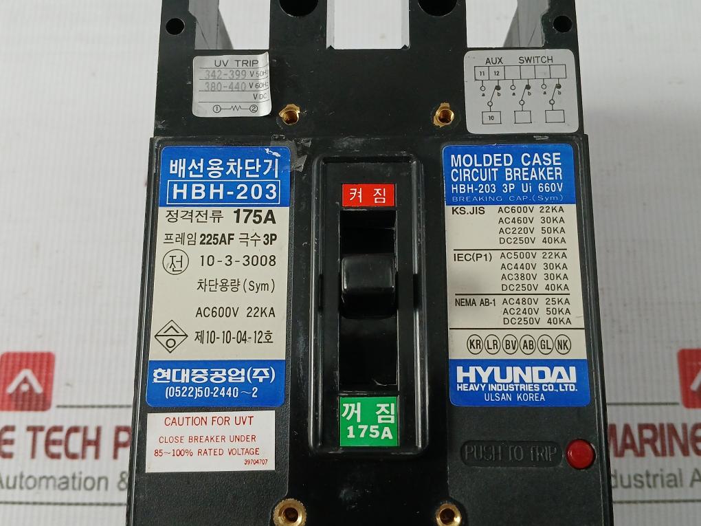 3P Molded Case Circuit Breaker 175A Ac600V 22Ka Hyundai Hbh-203