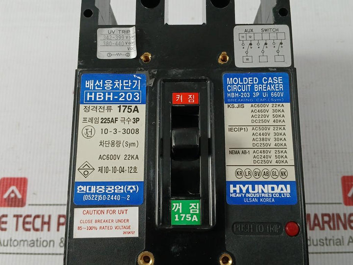 3P Molded Case Circuit Breaker 175A Ac600V 22Ka Hyundai Hbh-203