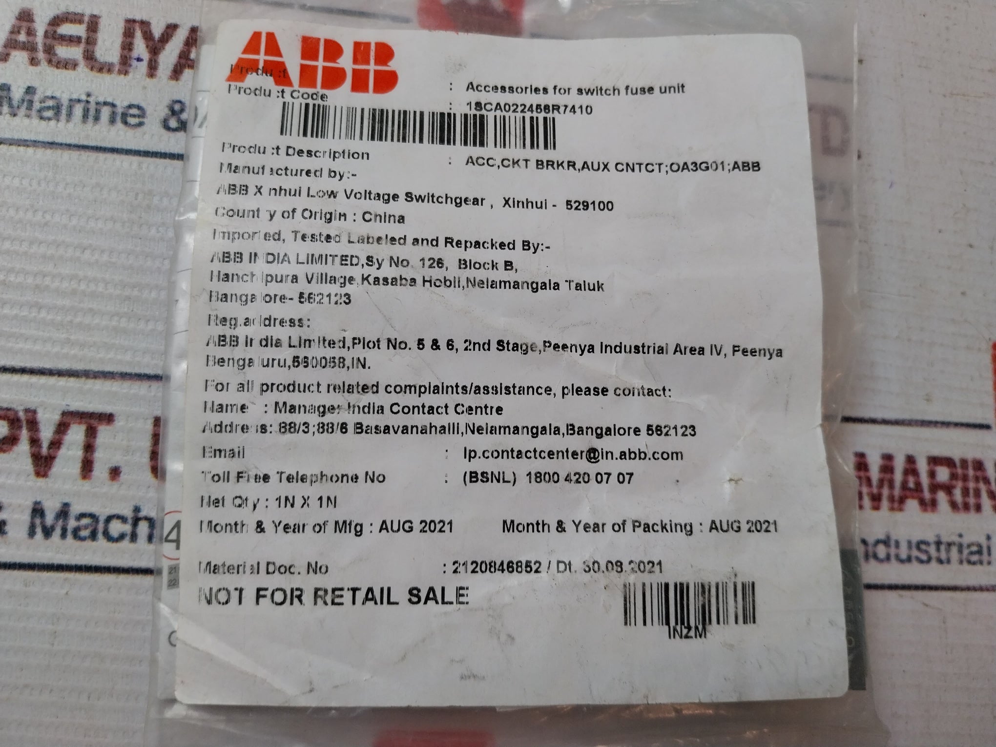 Abb Oa3G01 Auxiliary Contact 16A 690V 1Sca022456R7410