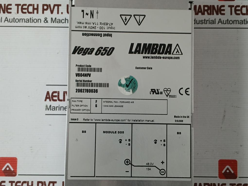 47-63Hz 11A Rms Max Power Supply Input: 100-240V Ac Nom Brand Lambda V604Nfv