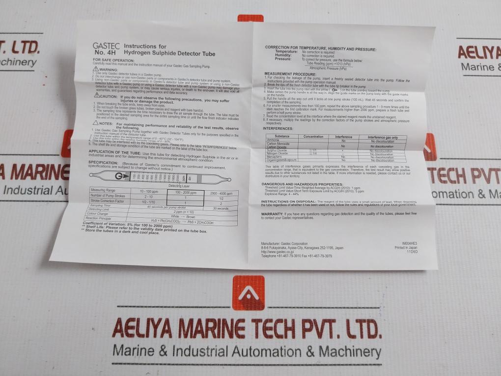 4H Hydrogen Sulphide Detector Tube 10-4000 Ppm Gastec (1 Packet=10 Pcs)