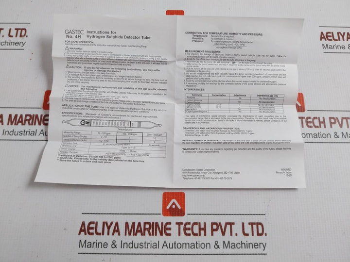 4H Hydrogen Sulphide Detector Tube 10-4000 Ppm Gastec (1 Packet=10 Pcs)