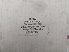 653222 Pressure Gauge Glycerine Oil Filled 0-16 Bar 0-230 Psi 63Mm 1/4" Bsp