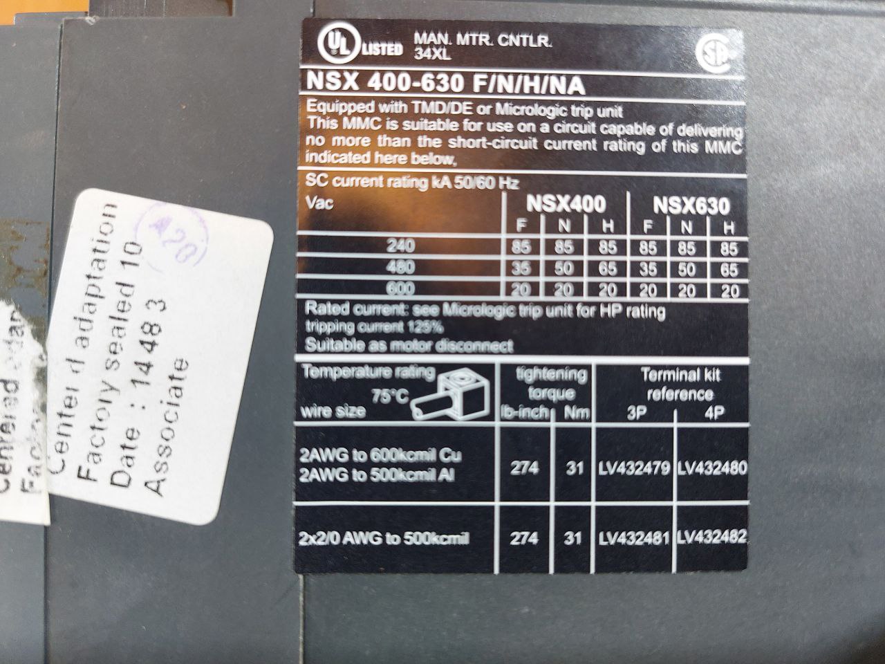 Schneider Electric Nsx 400-630 F/N/H/Na Tm400D 3P3D Circuit Breaker/Switch-disconnector 400A