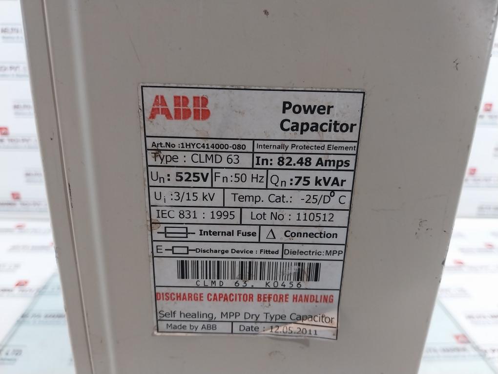 Abb 1hyc414000-080 Power Capacitor (75 Kvar, Clmd 63)