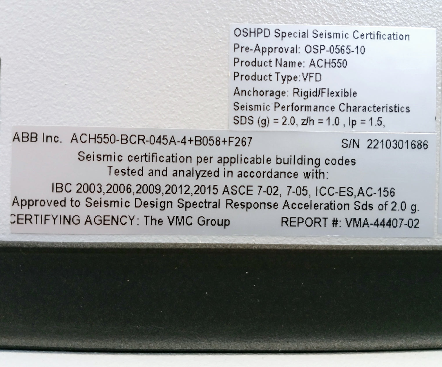 Abb Ach550-bcr-045A-4+B058+F267 Variable Frequency Drive (Vfd) 44A 380-480Vac