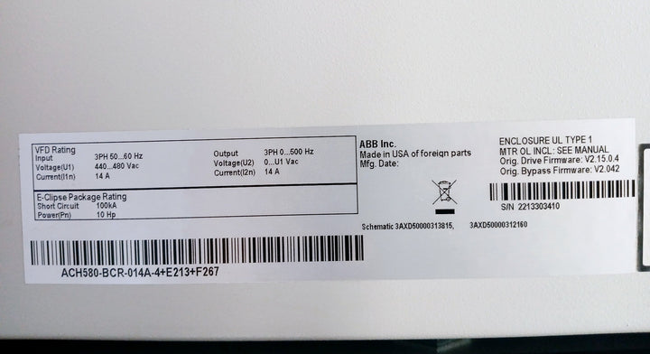Abb Ach580-bcr-014A-4+E213+F267 Vfd Drive 440-480Vac Hvac Enclosure Ul Type1