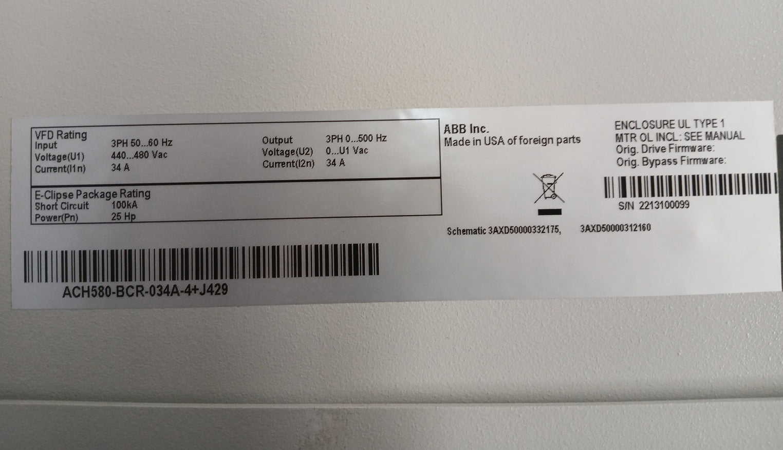 Abb Ach580-bcr-034A-4+J429 Hvac Enclosed Industrial Control Panel V2.15.0.4 34 A