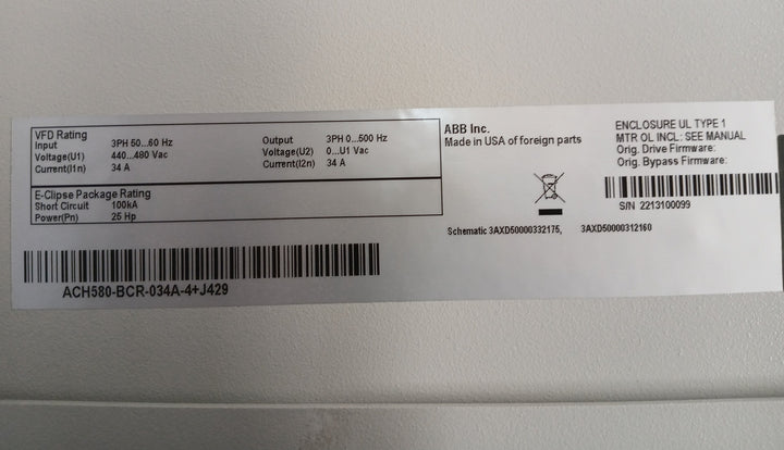 Abb Ach580-bcr-034A-4+J429 Hvac Enclosed Industrial Control Panel V2.15.0.4 34 A