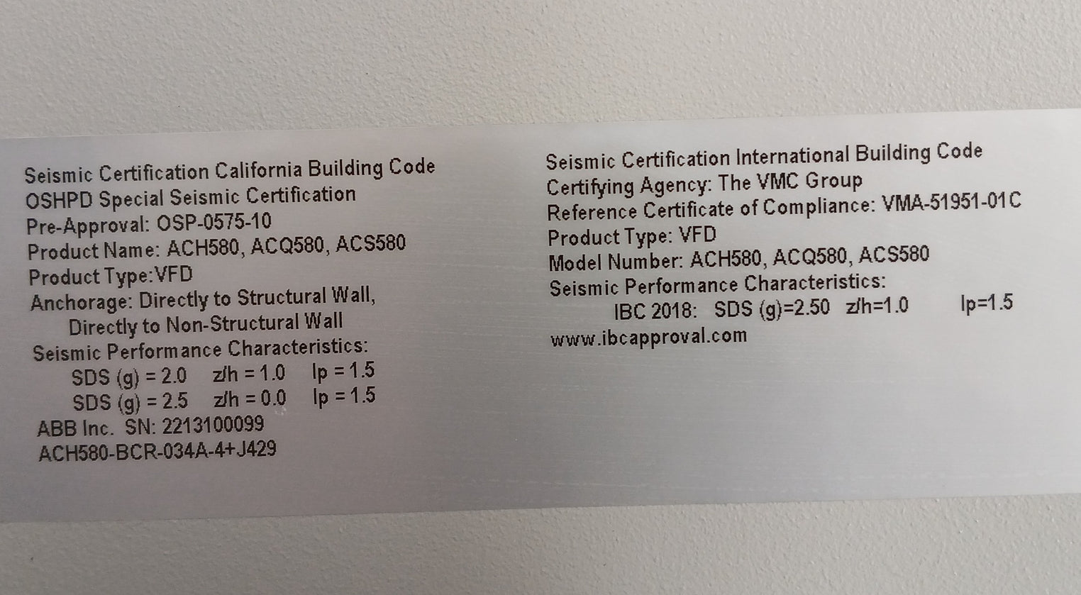 Abb Ach580-bcr-034A-4+J429 Hvac Enclosed Industrial Control Panel V2.15.0.4 34 A