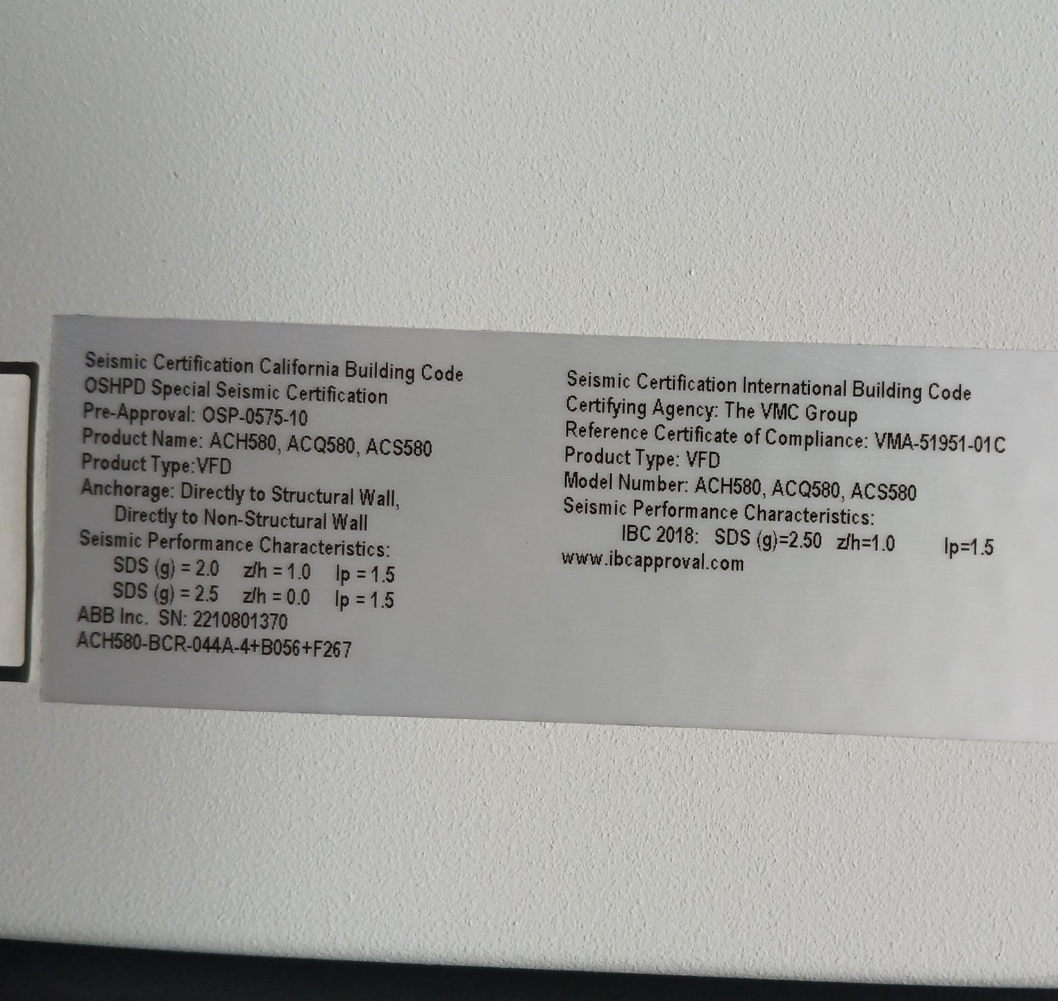 Abb Ach580-bcr-044A-4+B056+F267 Hvac Enclosed Industrial Control Panel 30 Hp 44A