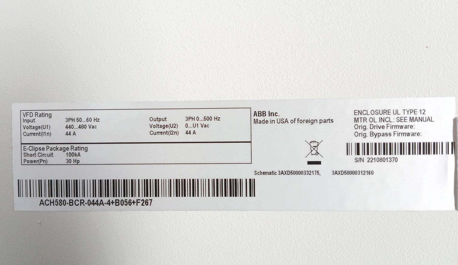 Abb Ach580-bcr-044A-4+B056+F267 Hvac Enclosed Industrial Control Panel 30 Hp 44A