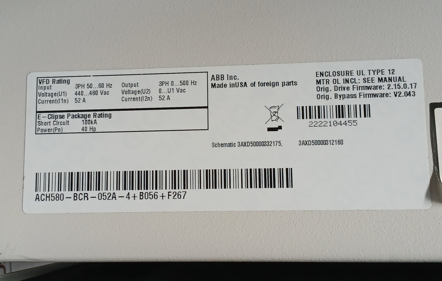 Abb Ach580-bcr-052A-4+B056+F267 Hvac Enclosed Industrial Control Panel 40 Hp 52A