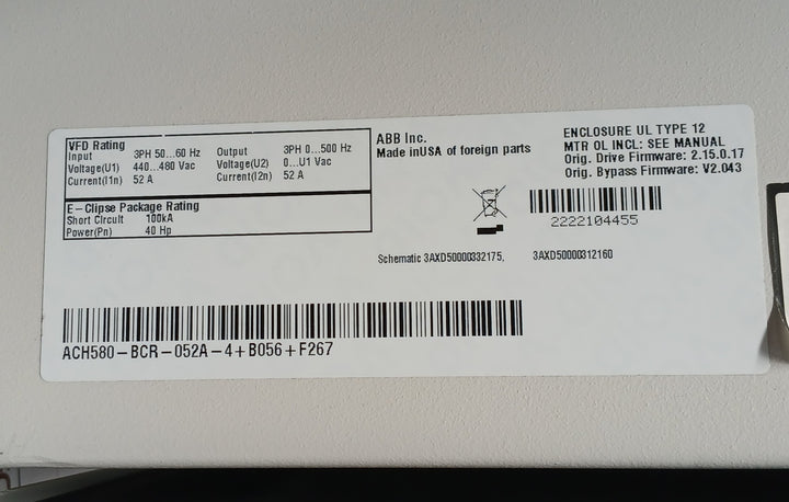 Abb Ach580-bcr-052A-4+B056+F267 Hvac Enclosed Industrial Control Panel 40 Hp 52A