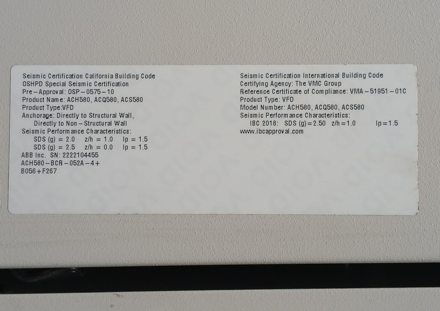 Abb Ach580-bcr-052A-4+B056+F267 Hvac Enclosed Industrial Control Panel 40 Hp 52A