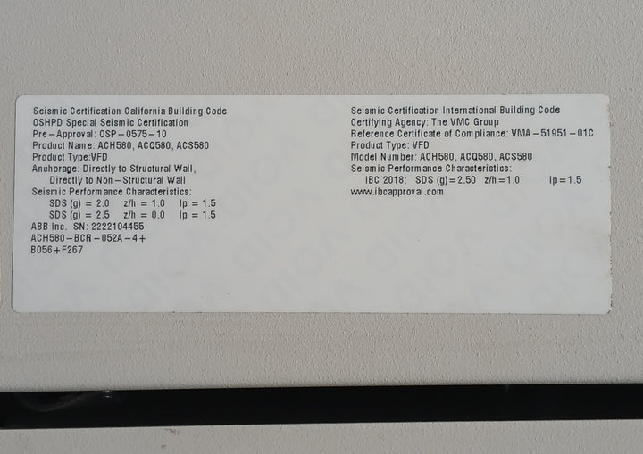 Abb Ach580-bcr-052A-4+B056+F267 Hvac Enclosed Industrial Control Panel 40 Hp 52A