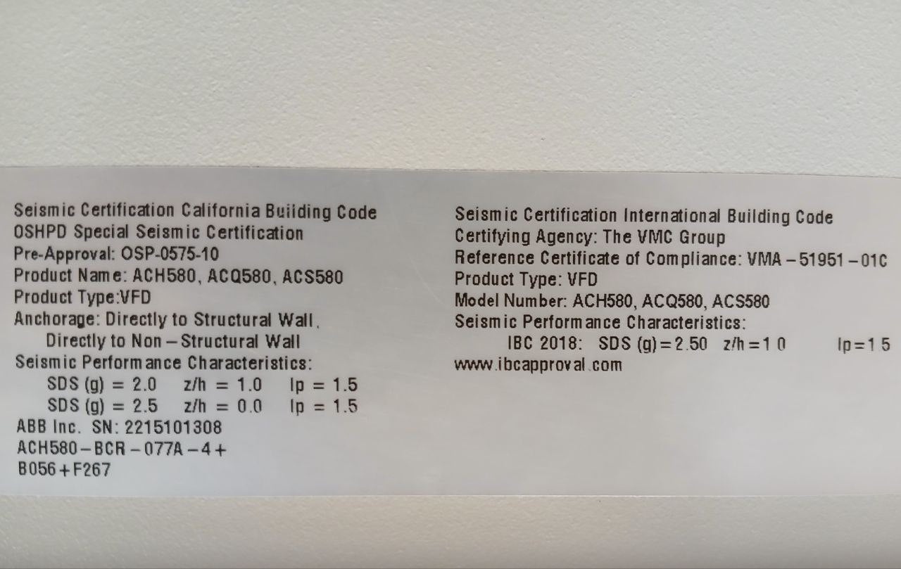 Abb Ach580-bcr-077A-4+B056+F267 Hvac Enclosed Industrial Control Panel 0–500 Hz