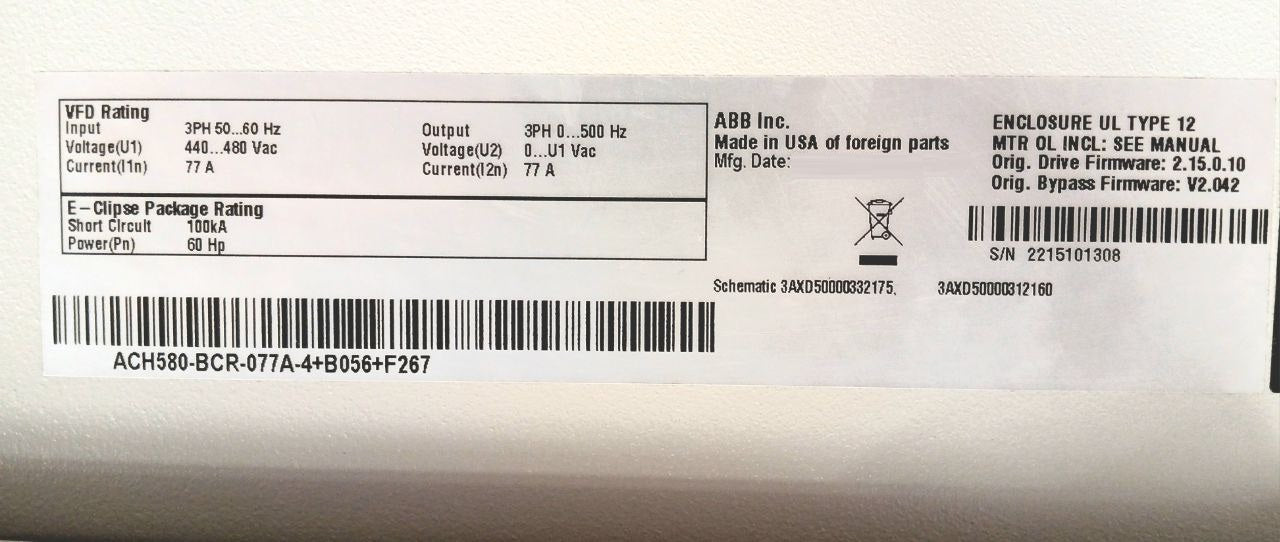 Abb Ach580-bcr-077A-4+B056+F267 Hvac Enclosed Industrial Control Panel 0–500 Hz