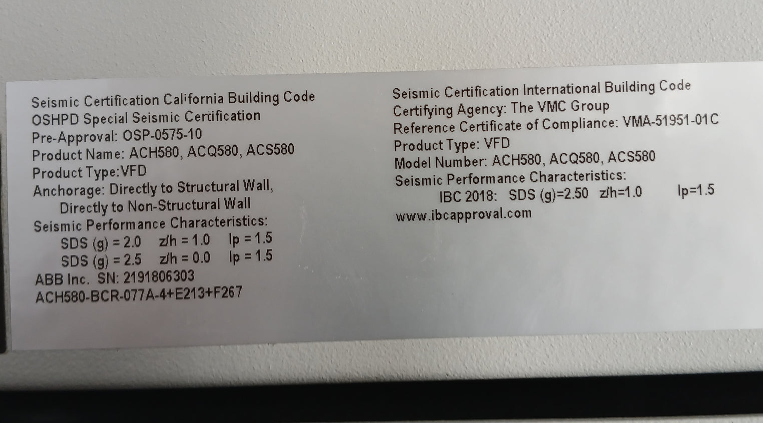 Abb Ach580-bcr-077A-4+E213+F267 Hvac Enclosed Industrial Control Panel Rev A