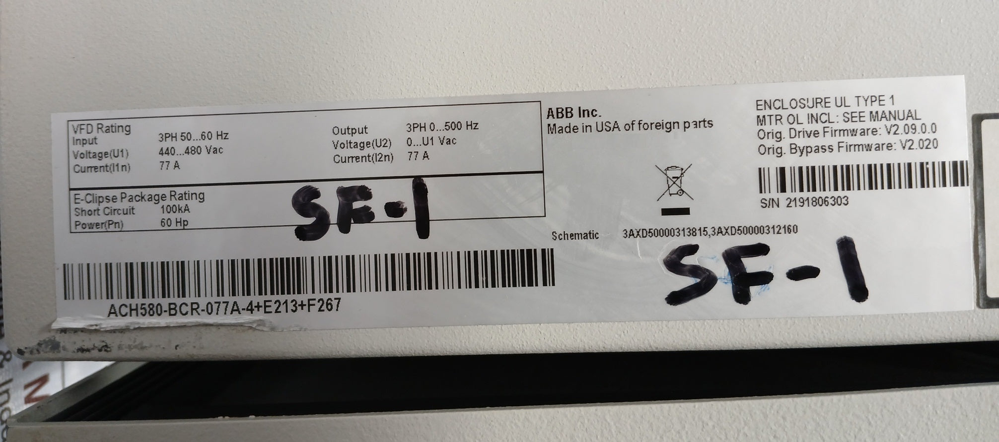 Abb Ach580-bcr-077A-4+E213+F267 Hvac Enclosed Industrial Control Panel Rev A