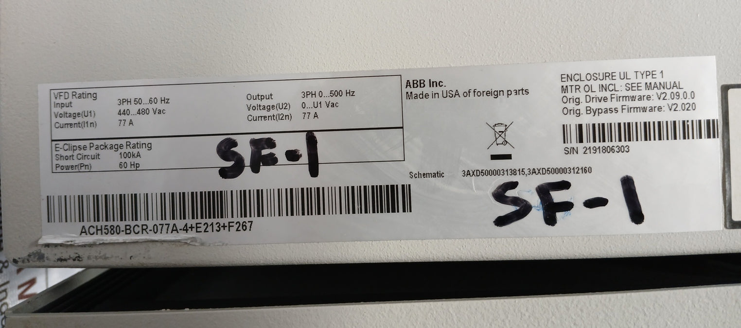 Abb Ach580-bcr-077A-4+E213+F267 Hvac Enclosed Industrial Control Panel Rev A