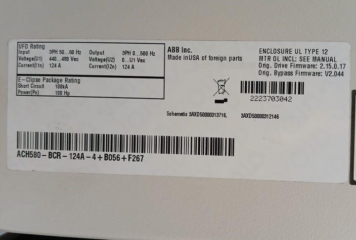 Abb Ach580-bcr-124A-4+B056+F267 Hvac Packaged Drive For E-clipse Bypass & Cb