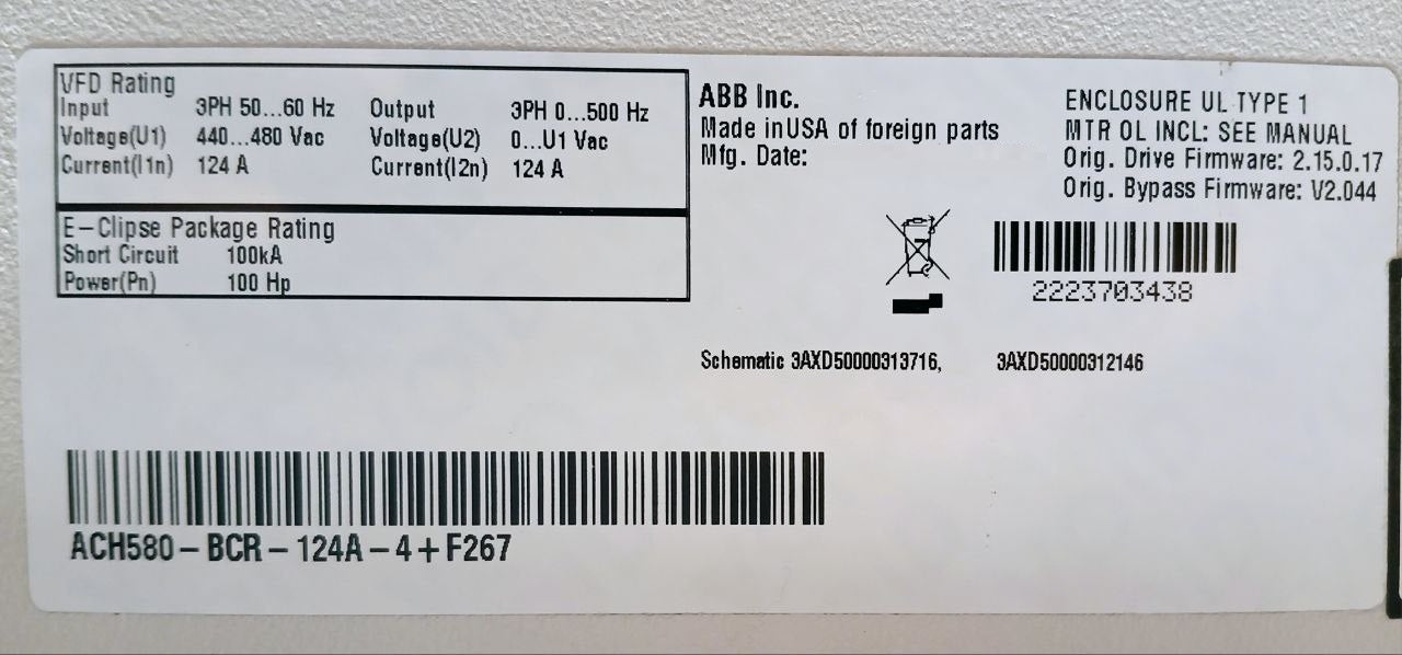 Abb Ach580-bcr-124A-4+F267 Hvac Enclosed Industrial Control Panel 100 Hp 100Ka