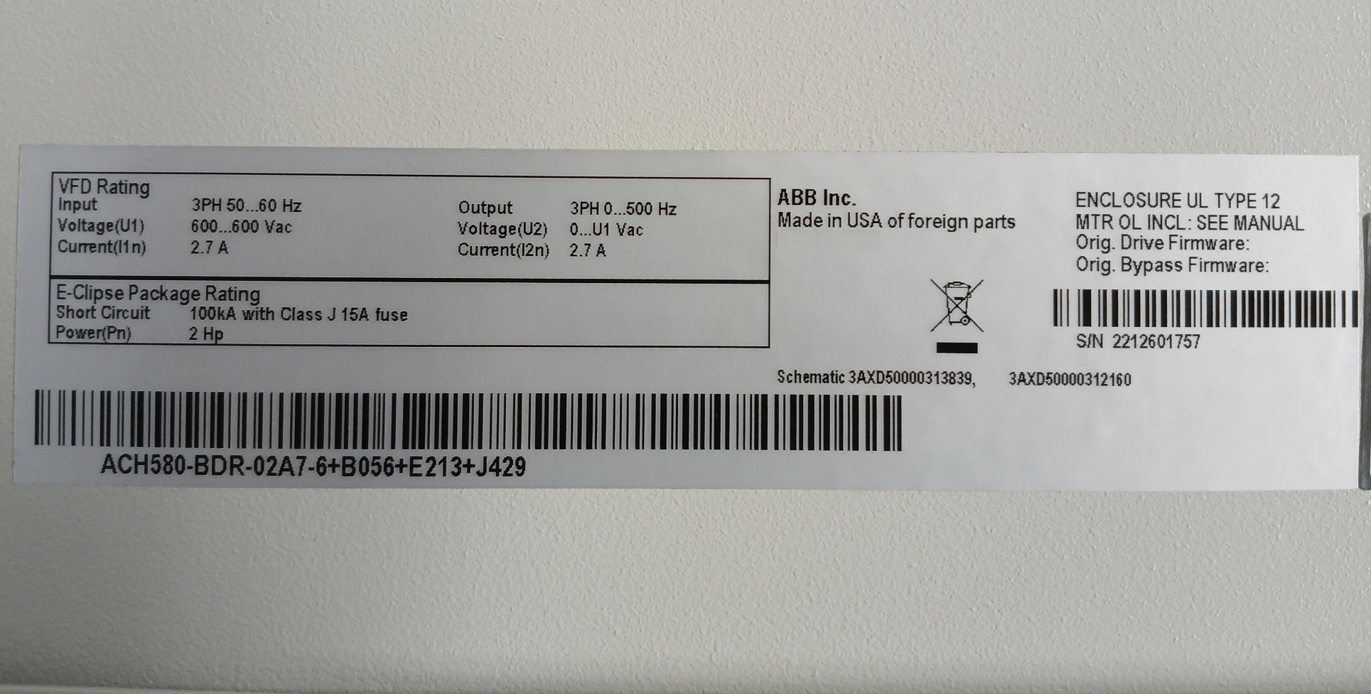Abb Ach580-bdr-02A7-6+B056+E213+J429 Hvac Enclosed Industrial Control Panel 2 Hp