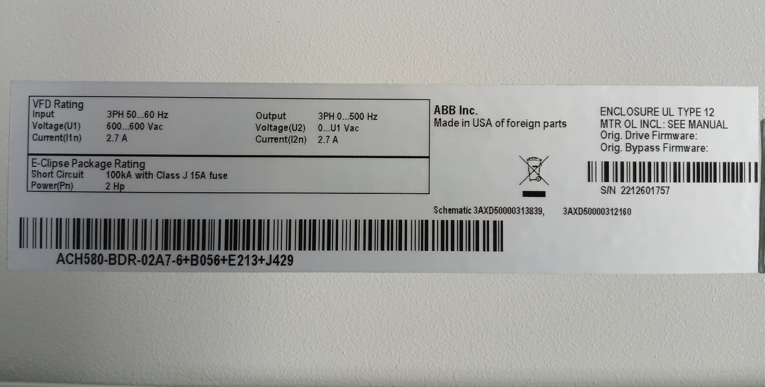 Abb Ach580-bdr-02A7-6+B056+E213+J429 Hvac Enclosed Industrial Control Panel 2 Hp