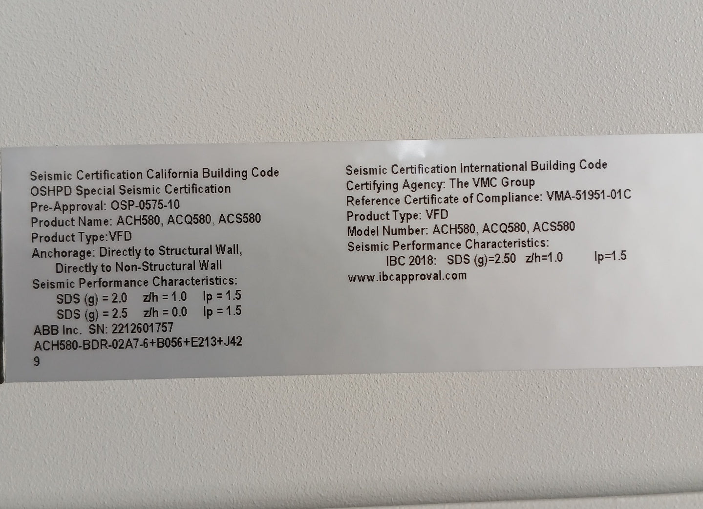 Abb Ach580-bdr-02A7-6+B056+E213+J429 Hvac Enclosed Industrial Control Panel 2 Hp