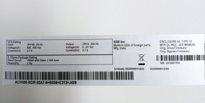 Abb Ach580-bdr-02A7-6+B056+E213+J429 Variable Frequency Drive With Bypass 600Vac