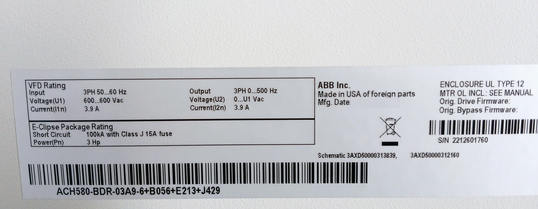 Abb Ach580-bdr-03A9-6+B056+E213+J429 Variable Frequency Drive For Hvac 3Hp 600Va