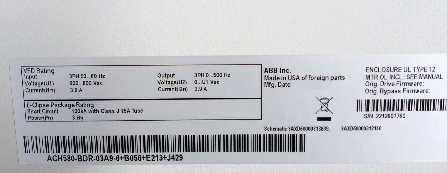 Abb Ach580-bdr-03A9-6+B056+E213+J429 Variable Frequency Drive For Hvac 3Hp 600Va