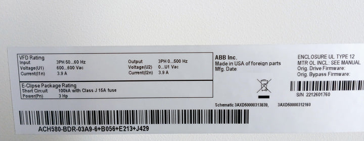 Abb Ach580-bdr-03A9-6+B056+E213+J429 Variable Frequency Drive For Hvac 3Hp 600Va