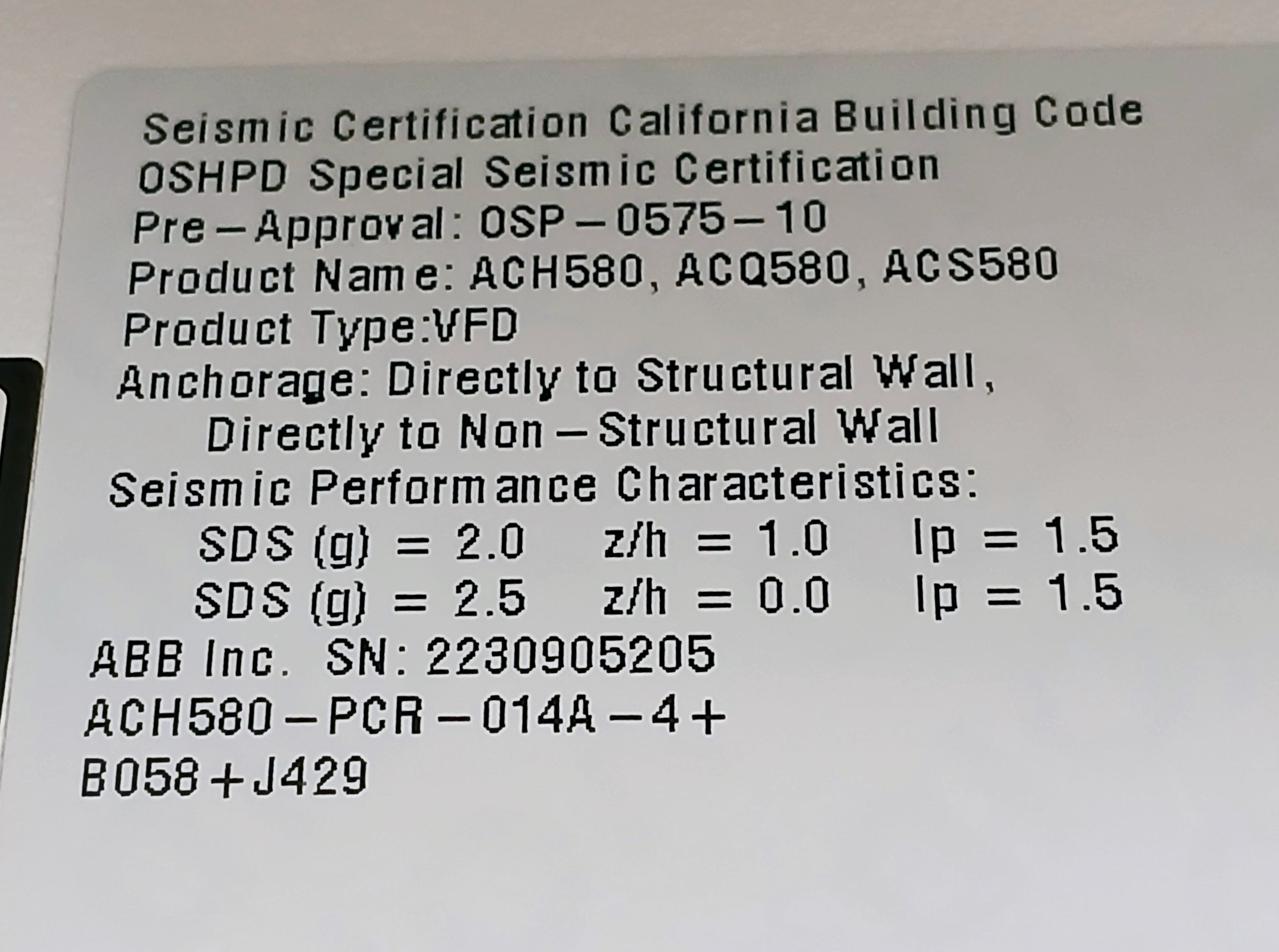 Abb Ach580-pcr-014A-4+B058+J429 Variable Frequency Drive (Vfd) Hvac 440-480 Vac