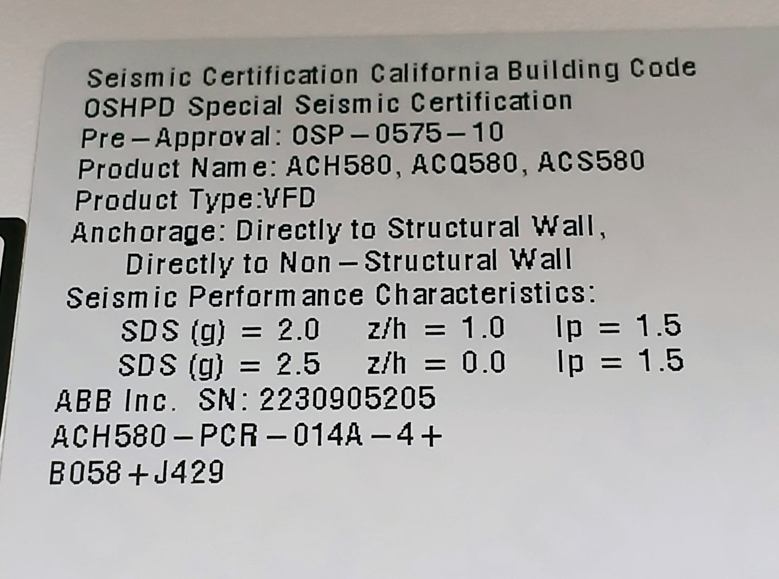 Abb Ach580-pcr-014A-4+B058+J429 Variable Frequency Drive (Vfd) Hvac 440-480 Vac