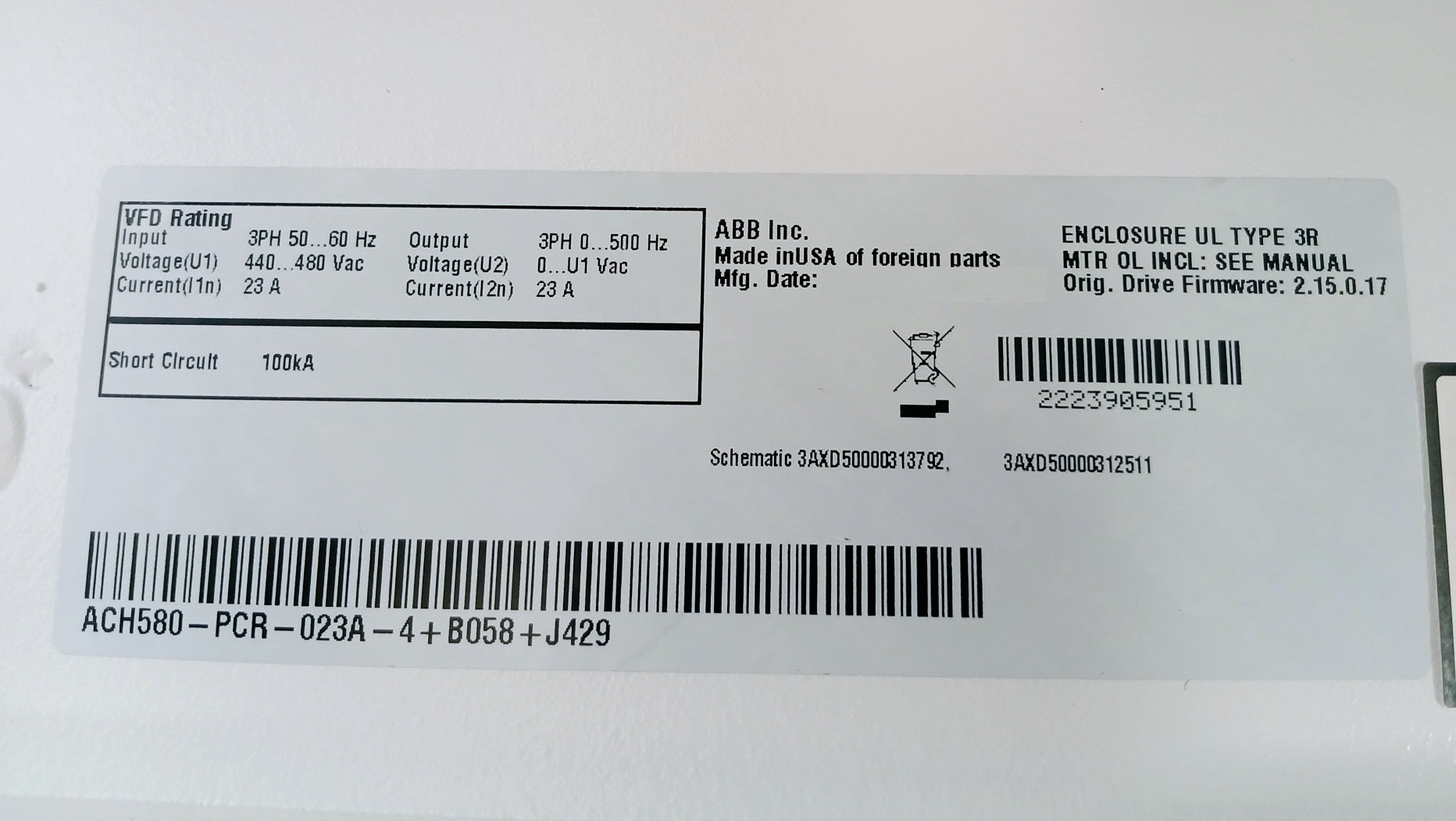 Abb Ach580-pcr-023A-4+B058+J429 Variable Frequency Drive For Hvac System