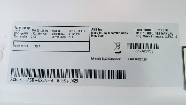 Abb Ach580-pcr-023A-4+B058+J429 Variable Frequency Drive For Hvac System