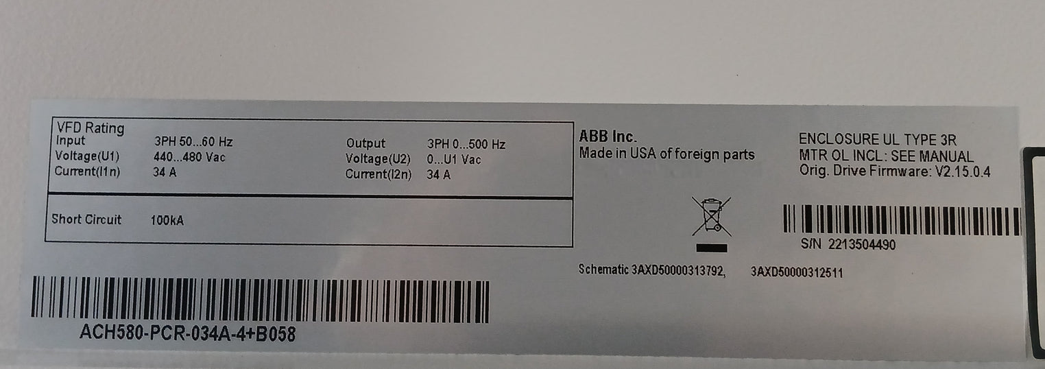 Abb Ach580-pcr-034A-4+B058 Hvac Enclosed Control Panel Ach-ap-h 100 Ka 34A 5.95