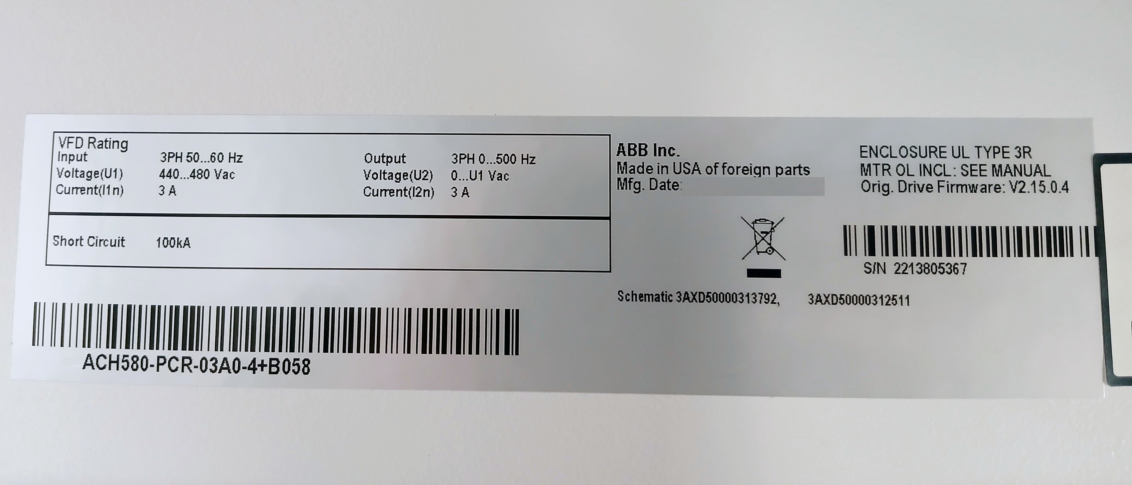 Abb Ach580-pcr-03A0-4+B058 Variable Frequency Drive (Vfd) 440-480Vac 3A