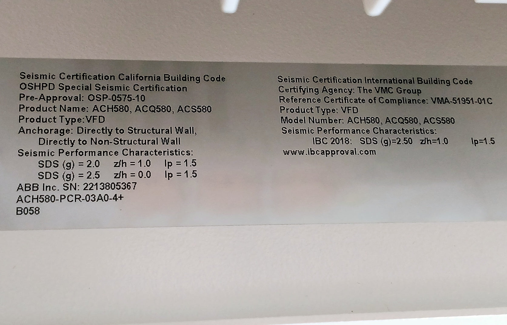 Abb Ach580-pcr-03A0-4+B058 Variable Frequency Drive (Vfd) 440-480Vac 3A