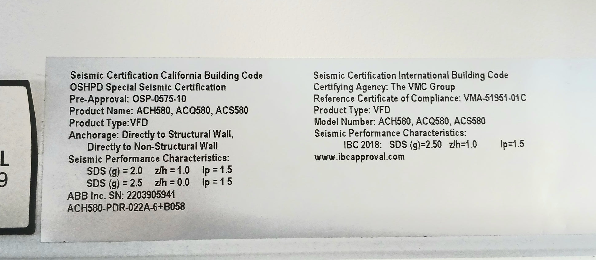 Abb Ach580-pdr-022A-6+B058 Vfd (Variable Frequency Drive) 600Vac 22A 50/60Hz