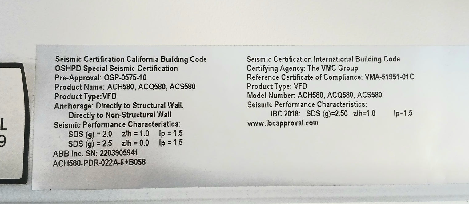 Abb Ach580-pdr-022A-6+B058 Vfd (Variable Frequency Drive) 600Vac 22A 50/60Hz