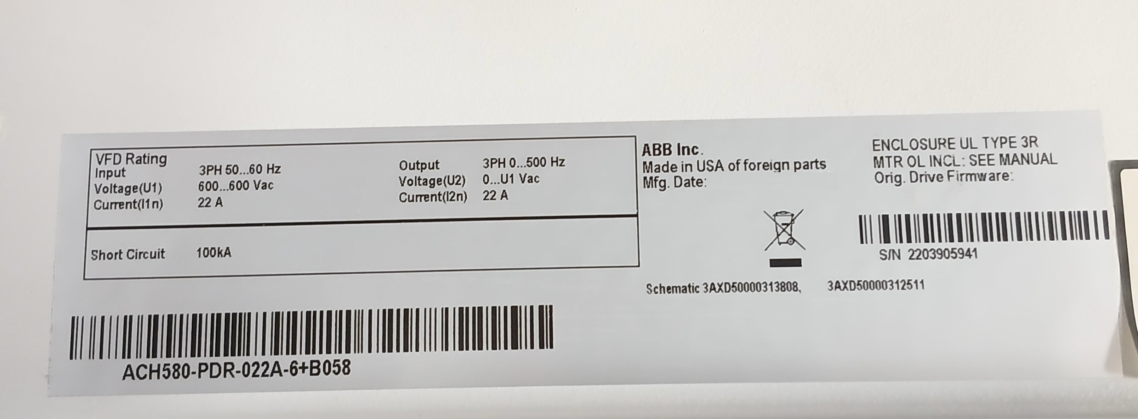 Abb Ach580-pdr-022A-6+B058 Vfd (Variable Frequency Drive) 600Vac 22A 50/60Hz