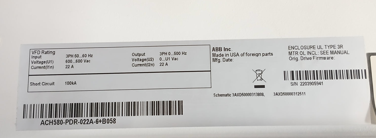 Abb Ach580-pdr-022A-6+B058 Vfd (Variable Frequency Drive) 600Vac 22A 50/60Hz