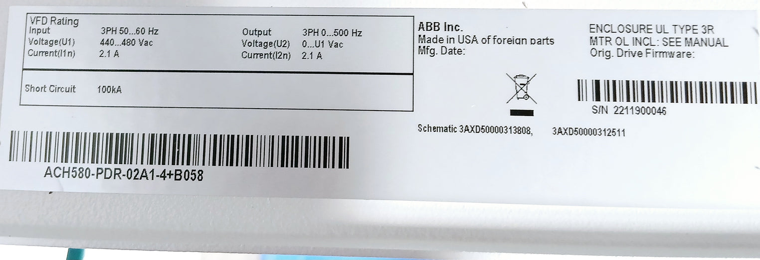 Abb Ach580-pdr-02A1-4+B058 Variable Frequency Drive For Hvac 440-480Vac