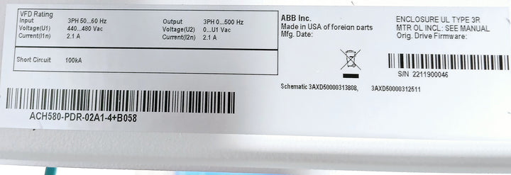 Abb Ach580-pdr-02A1-4+B058 Variable Frequency Drive For Hvac 440-480Vac