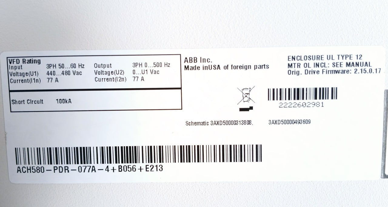 Abb Ach580-pdr-077A-4+B056+E213 Hvac Drive With Disconnect Us 250Vac