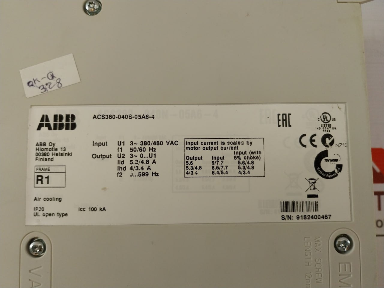 Abb Acs380-040S-05A6-4 Frequency Inverter Ip20 30Vdc 50/60Hz 3Axd50000010596