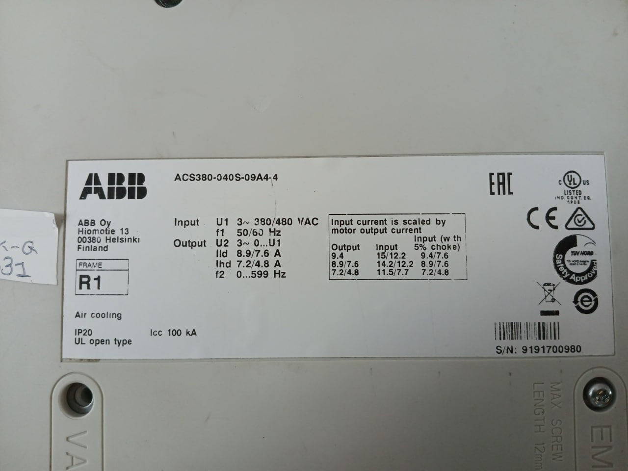 Abb Acs380-040S-09A4-4 Variable Frequency Drive 100 Ka 3-380/480 Vac 50/60Hz